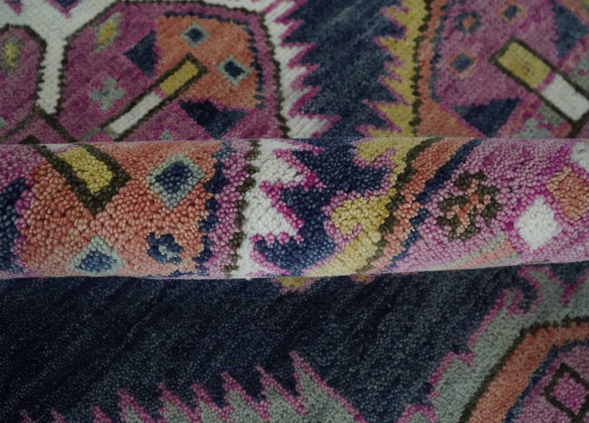 Blue, Purple and Green hand knotted Traditional Heriz Serapi Wool Area Rug.