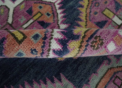 Blue, Purple and Green hand knotted Traditional Heriz Serapi Wool Area Rug.