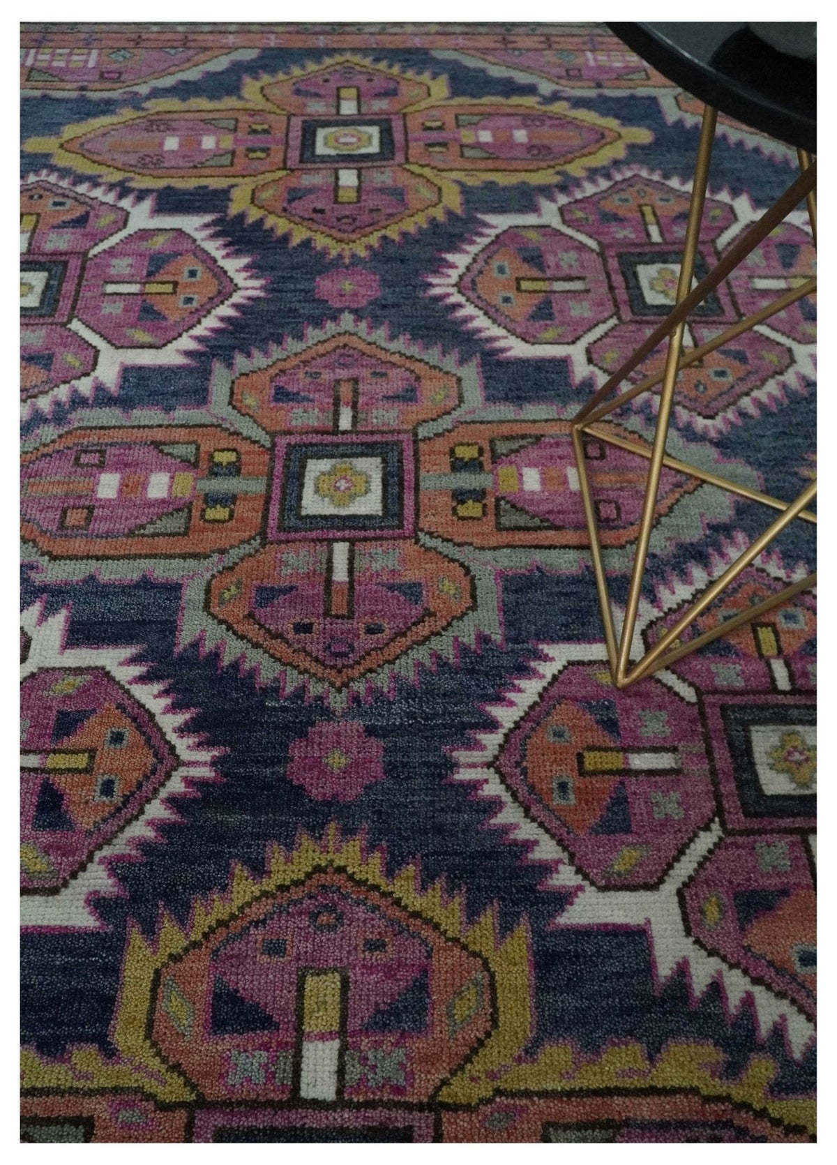 Blue, Purple and Green hand knotted Traditional Heriz Serapi Wool Area Rug.