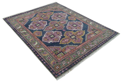 Blue, Purple and Green hand knotted Traditional Heriz Serapi Wool Area Rug.