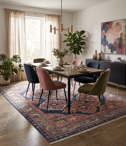 Blue, Purple and Green hand knotted Traditional Heriz Serapi Wool Area Rug.