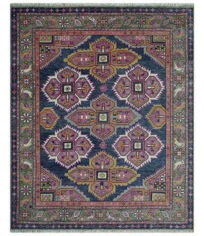Blue, Purple and Green hand knotted Traditional Heriz Serapi Wool Area Rug.