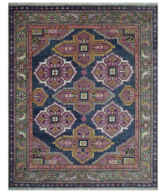 Blue, Purple and Green hand knotted Traditional Heriz Serapi Wool Area Rug.
