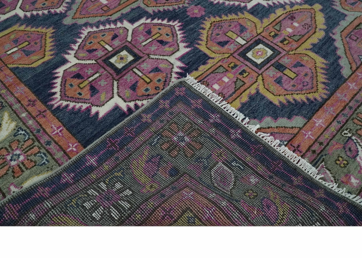 Blue, Purple and Green hand knotted Traditional Heriz Serapi Wool Area Rug.