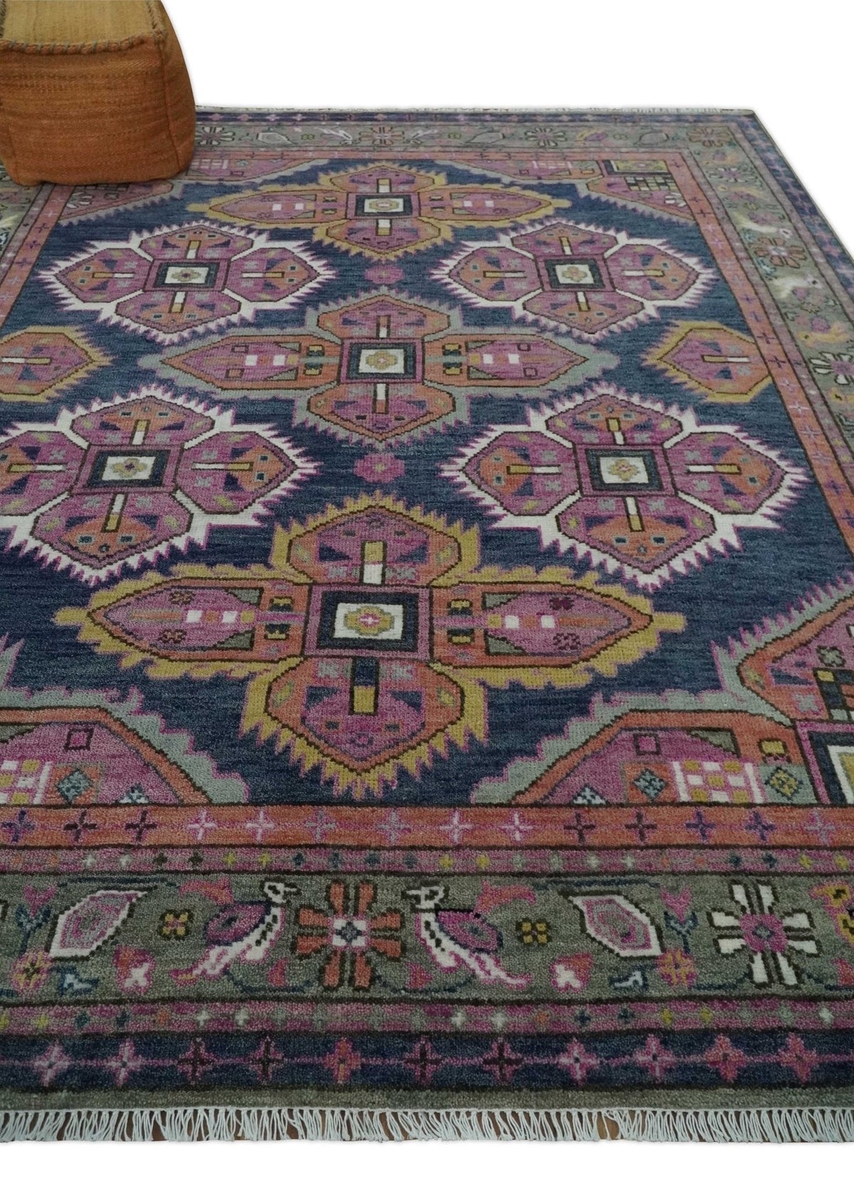 Blue, Purple and Green hand knotted Traditional Heriz Serapi Wool Area Rug.