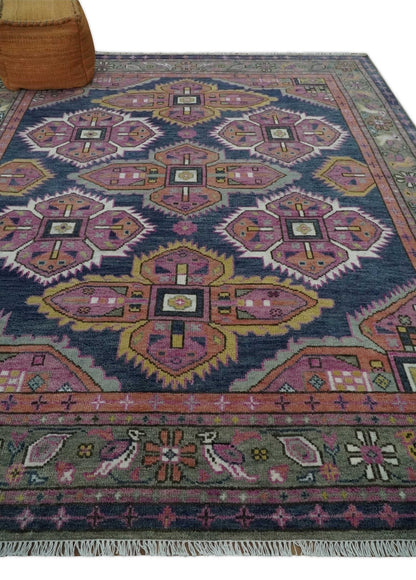 Blue, Purple and Green hand knotted Traditional Heriz Serapi Wool Area Rug.