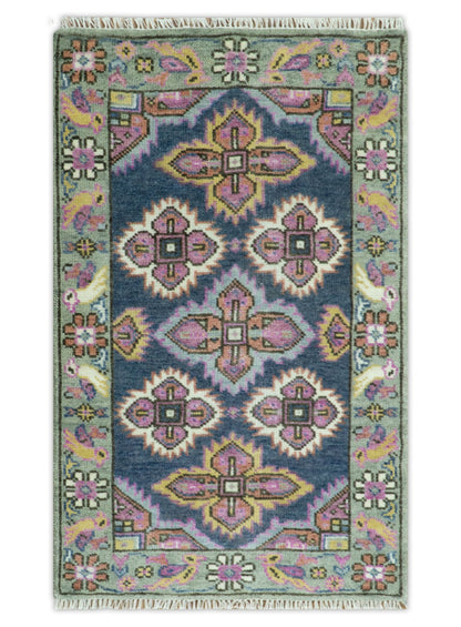 Blue, Purple and Green hand knotted Traditional Heriz Serapi Wool Area Rug.