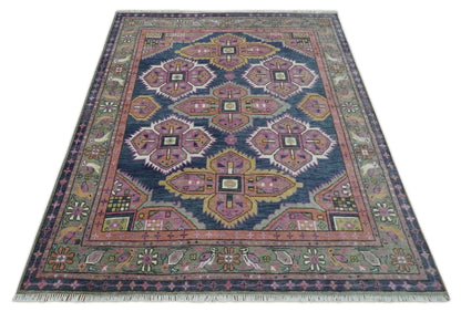 Blue, Purple and Green hand knotted Traditional Heriz Serapi Wool Area Rug.