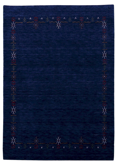 Blue Tribal Border Design Hand Loomed Wool Area Rug.