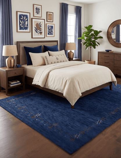 Blue Tribal Border Design Hand Loomed Wool Area Rug.