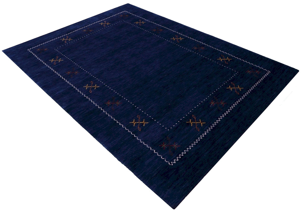 Blue Tribal Border Design Hand Loomed Wool Area Rug.