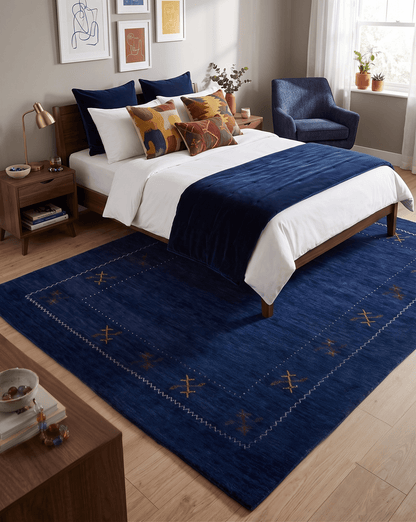 Blue Tribal Border Design Hand Loomed Wool Area Rug.