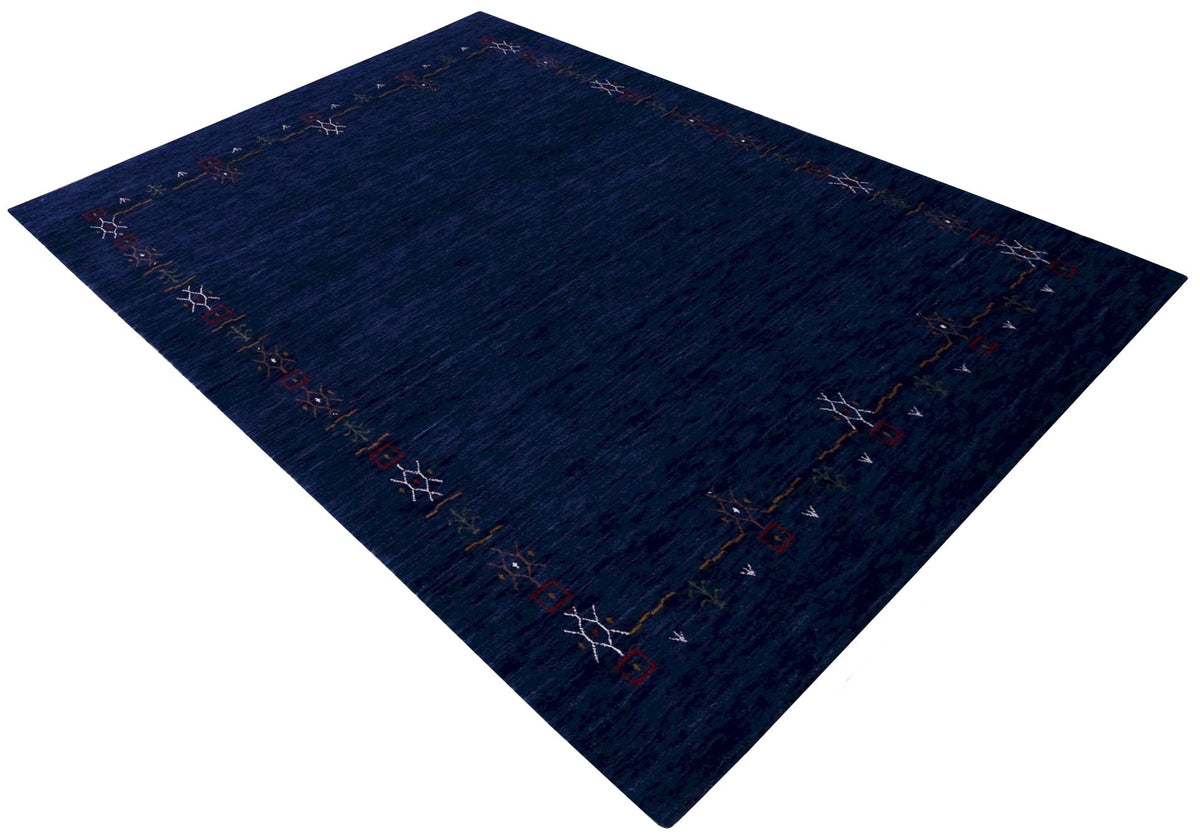 Blue Tribal Border Design Hand Loomed Wool Area Rug.
