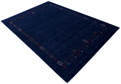 Blue Tribal Border Design Hand Loomed Wool Area Rug.