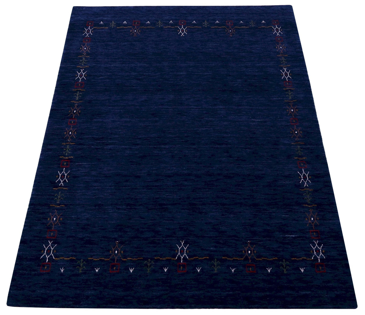 Blue Tribal Border Design Hand Loomed Wool Area Rug.