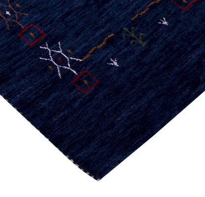 Blue Tribal Border Design Hand Loomed Wool Area Rug.