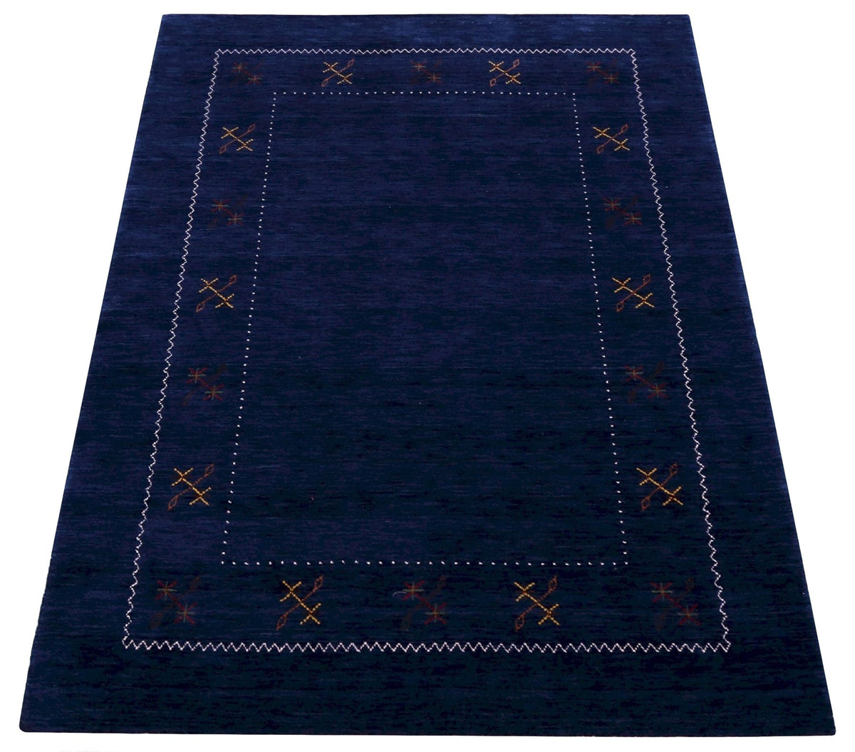 Blue Tribal Border Design Hand Loomed Wool Area Rug.