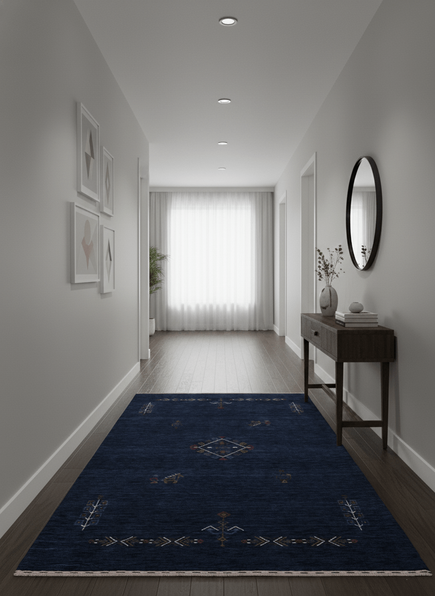 Blue Tribal Center Medallion Hand Loomed Wool Area Rug.