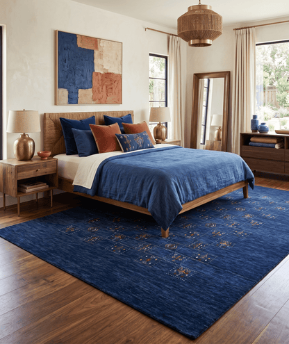 Blue Tribal Design Hand Loomed Wool Area Rug.