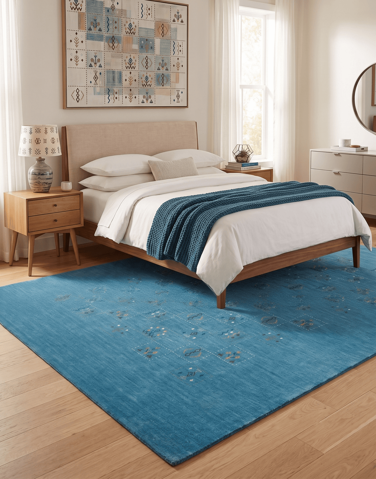 Blue Tribal Design Hand Loomed Wool Area Rug.