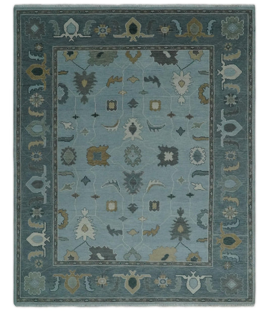 Bluish Gray and Aqua Hand knotted Oriental Oushak Custom Made wool Area Rug.