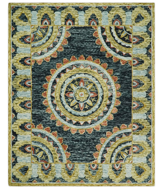 Hand Tufted Blue, Rust and Moss Gold Colorful Wool Area Rug.