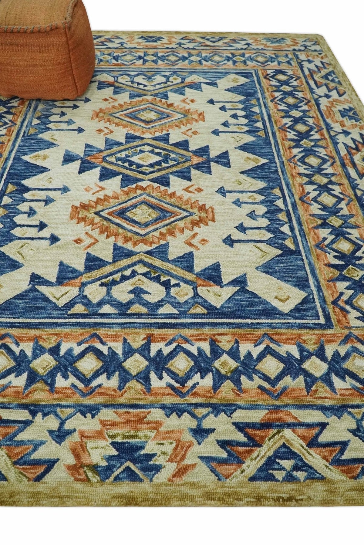 Ready To Ship Bohemian Southwestern Hand Tufted Blue, Gold and Beige Wool Rug.