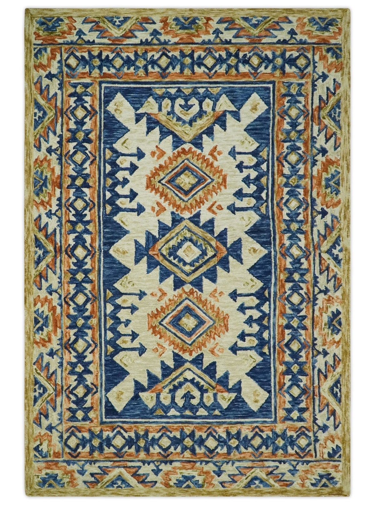 Ready To Ship Bohemian Southwestern Hand Tufted Blue, Gold and Beige Wool Rug.