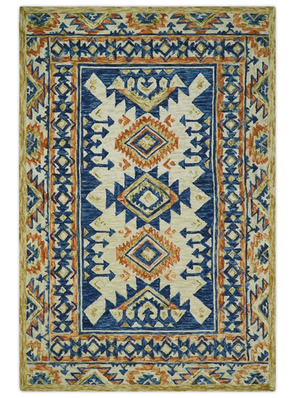 Ready To Ship Bohemian Southwestern Hand Tufted Blue, Gold and Beige Wool Rug.