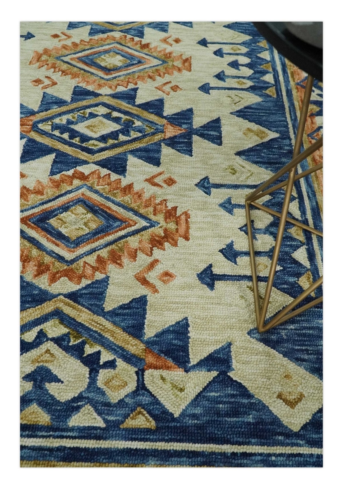 Ready To Ship Bohemian Southwestern Hand Tufted Blue, Gold and Beige Wool Rug.