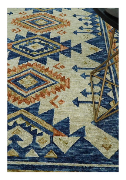 Ready To Ship Bohemian Southwestern Hand Tufted Blue, Gold and Beige Wool Rug.