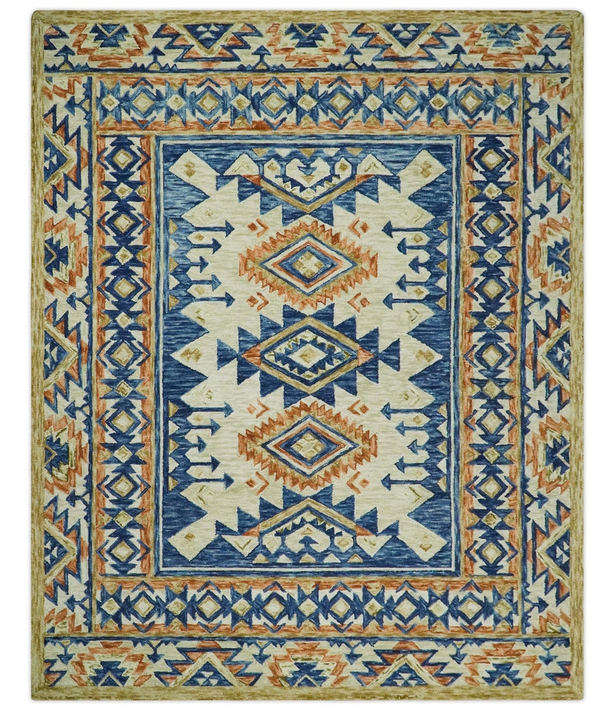 Ready To Ship Bohemian Southwestern Hand Tufted Blue, Gold and Beige Wool Rug.