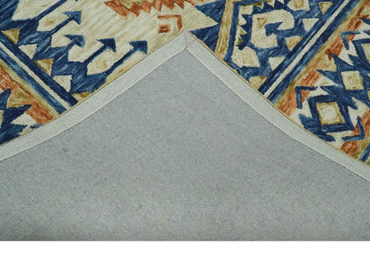 Ready To Ship Bohemian Southwestern Hand Tufted Blue, Gold and Beige Wool Rug.