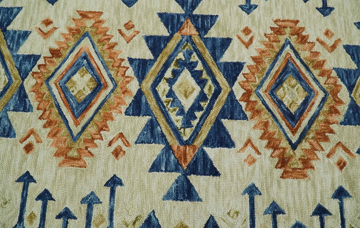 Ready To Ship Bohemian Southwestern Hand Tufted Blue, Gold and Beige Wool Rug.