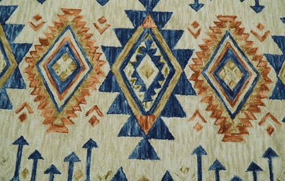 Ready To Ship Bohemian Southwestern Hand Tufted Blue, Gold and Beige Wool Rug.