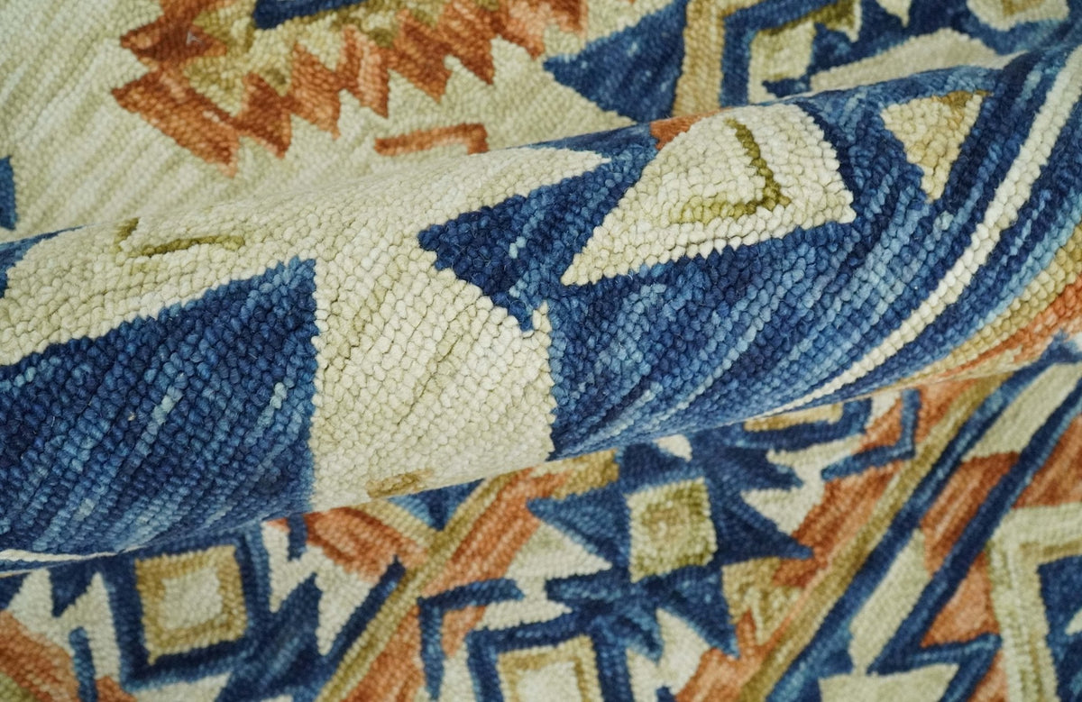 Ready To Ship Bohemian Southwestern Hand Tufted Blue, Gold and Beige Wool Rug.