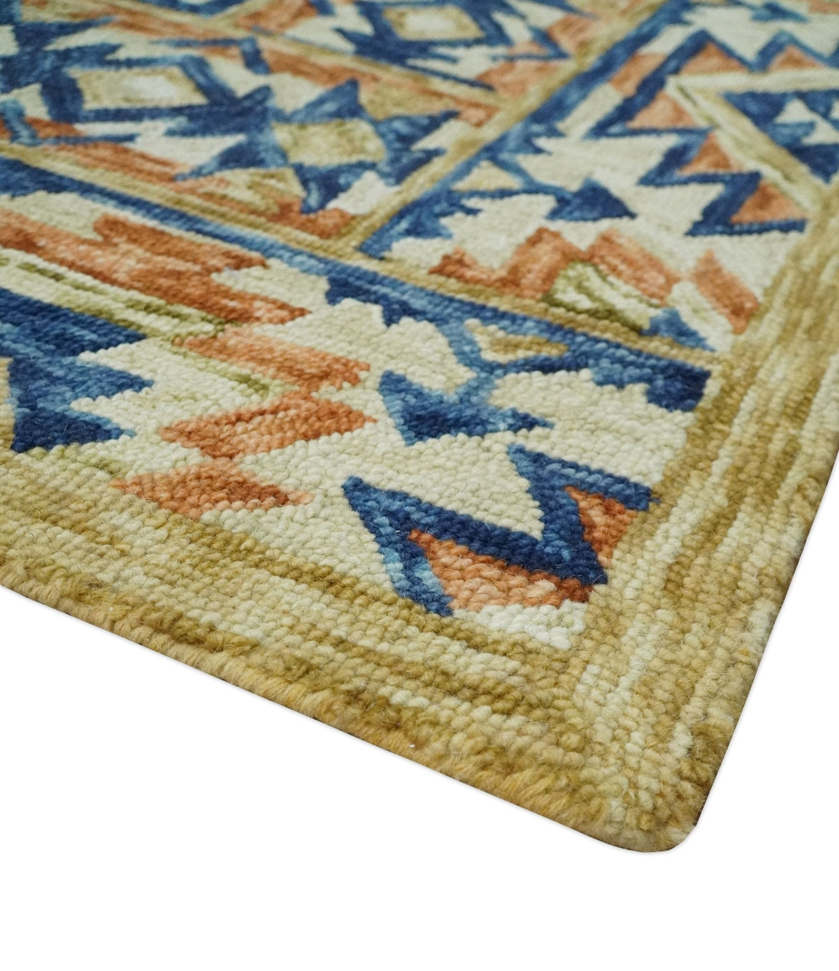 Ready To Ship Bohemian Southwestern Hand Tufted Blue, Gold and Beige Wool Rug.