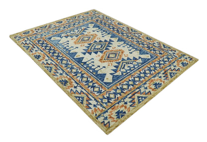 Ready To Ship Bohemian Southwestern Hand Tufted Blue, Gold and Beige Wool Rug.