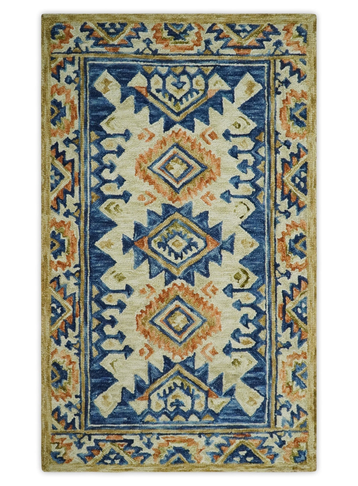 Ready To Ship Bohemian Southwestern Hand Tufted Blue, Gold and Beige Wool Rug.