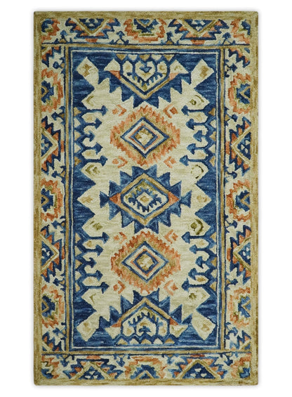 Ready To Ship Bohemian Southwestern Hand Tufted Blue, Gold and Beige Wool Rug.