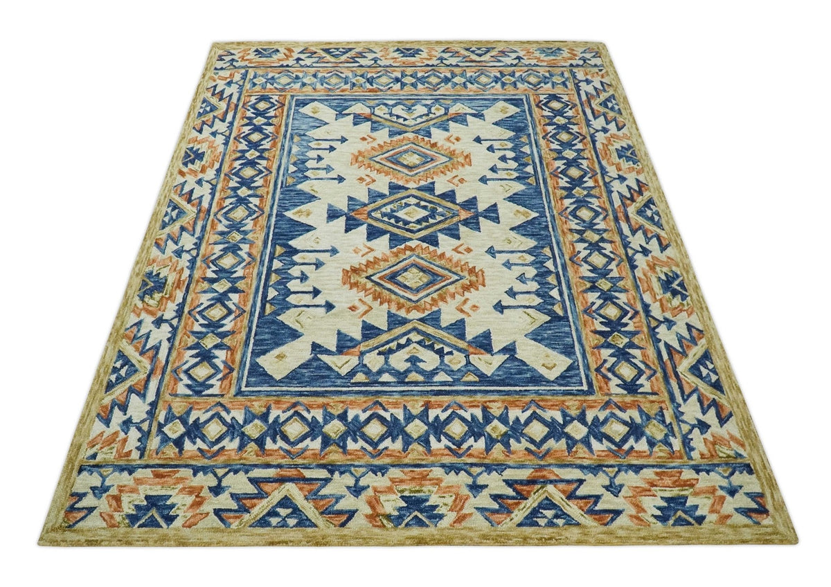 Ready To Ship Bohemian Southwestern Hand Tufted Blue, Gold and Beige Wool Rug.