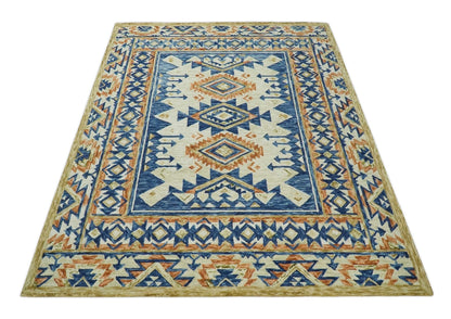 Ready To Ship Bohemian Southwestern Hand Tufted Blue, Gold and Beige Wool Rug.