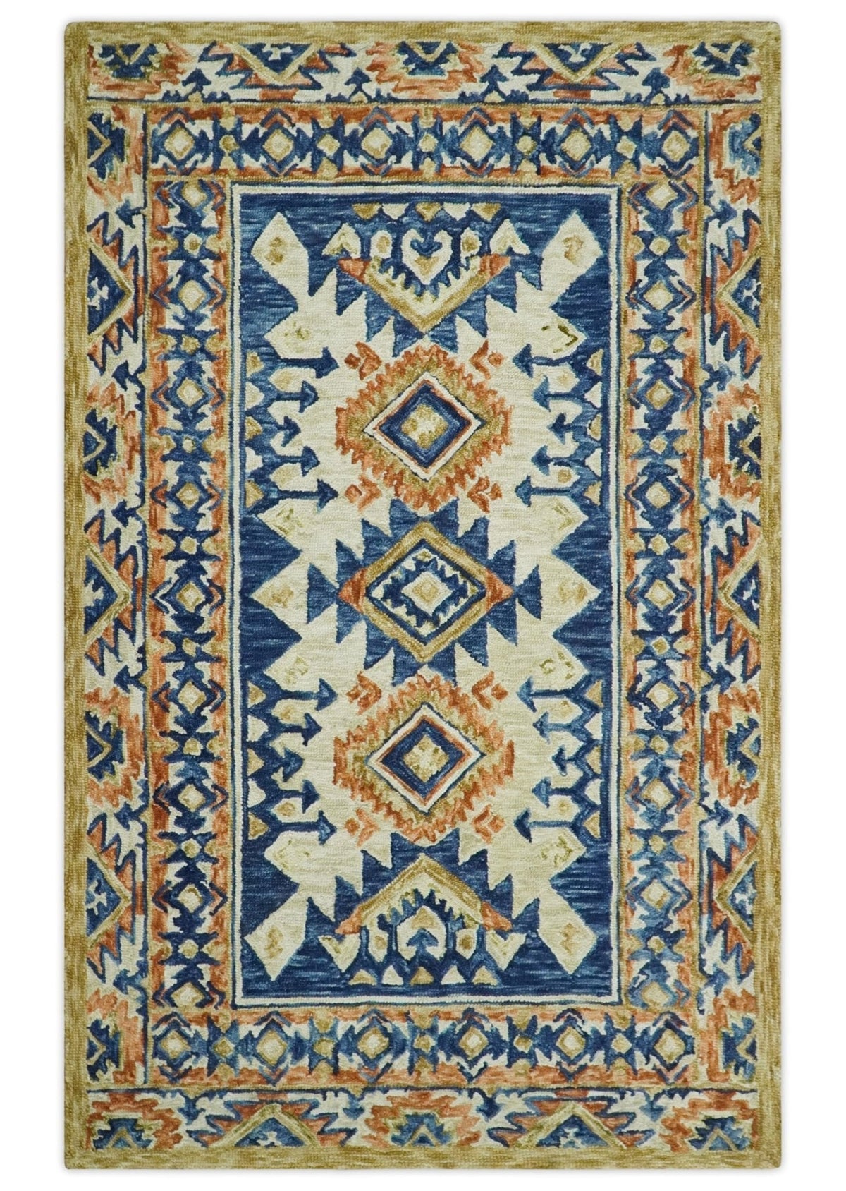 Ready To Ship Bohemian Southwestern Hand Tufted Blue, Gold and Beige Wool Rug.