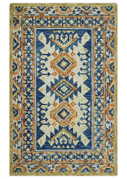 Ready To Ship Bohemian Southwestern Hand Tufted Blue, Gold and Beige Wool Rug.