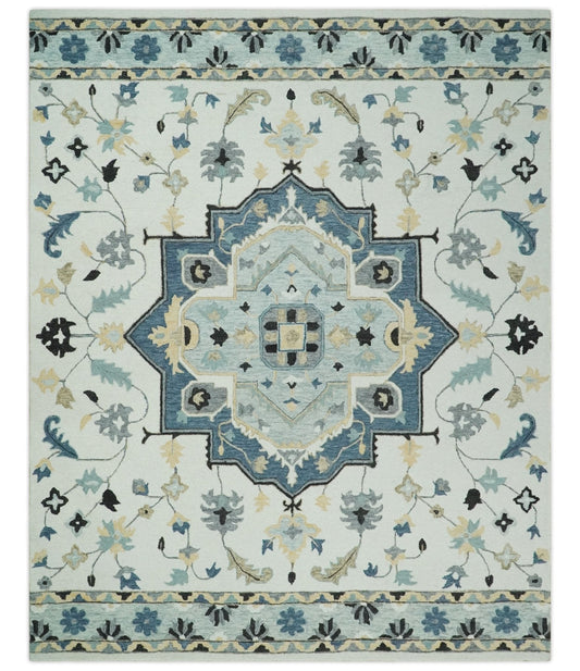 Hand Tufted Blue, Camel and Ivory Medallion Design Wool Area Rug.