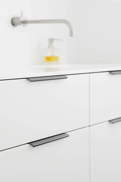 Brushed Anthracite Textured "Edge Straight" Tab Drawer Pulls.