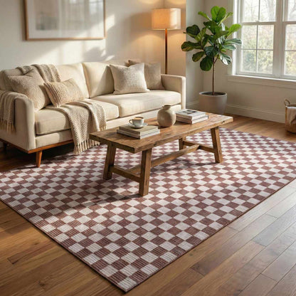 Kaysar Brown Checkered Washable Area Rug