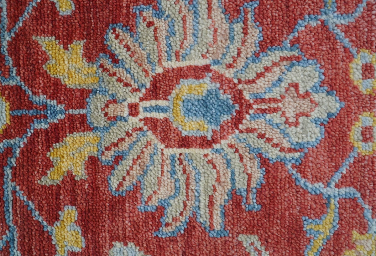 Brickle Red And Blue Traditional Hand Knotted Wool Area Rug.