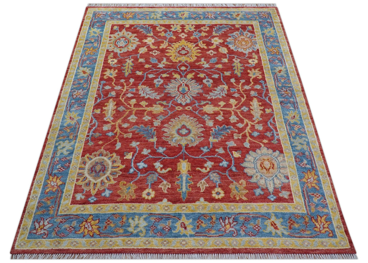 Brickle Red And Blue Traditional Hand Knotted Wool Area Rug.