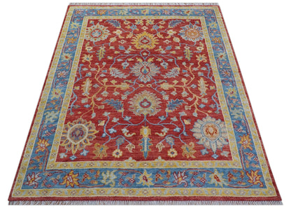 Brickle Red And Blue Traditional Hand Knotted Wool Area Rug.